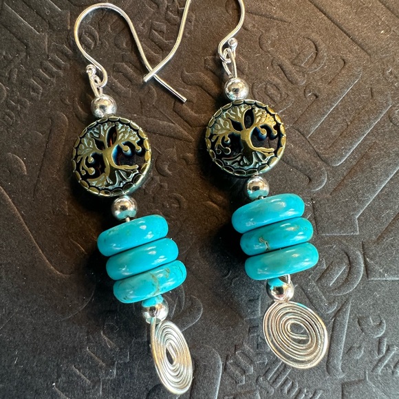 ARTISAN Tree of Life Turquoise Heishi Bead Wire Wrapped Sterling Earrings 2 1/3” - Picture 3 of 7